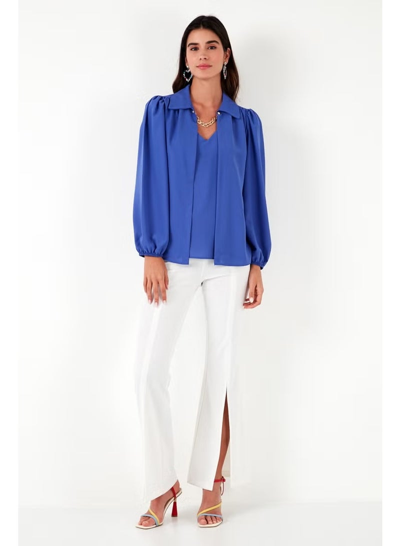 Lela Regular Fit V-Neck Balloon Sleeve Blouse Women's Blouse 611BZ0353 - Image 4